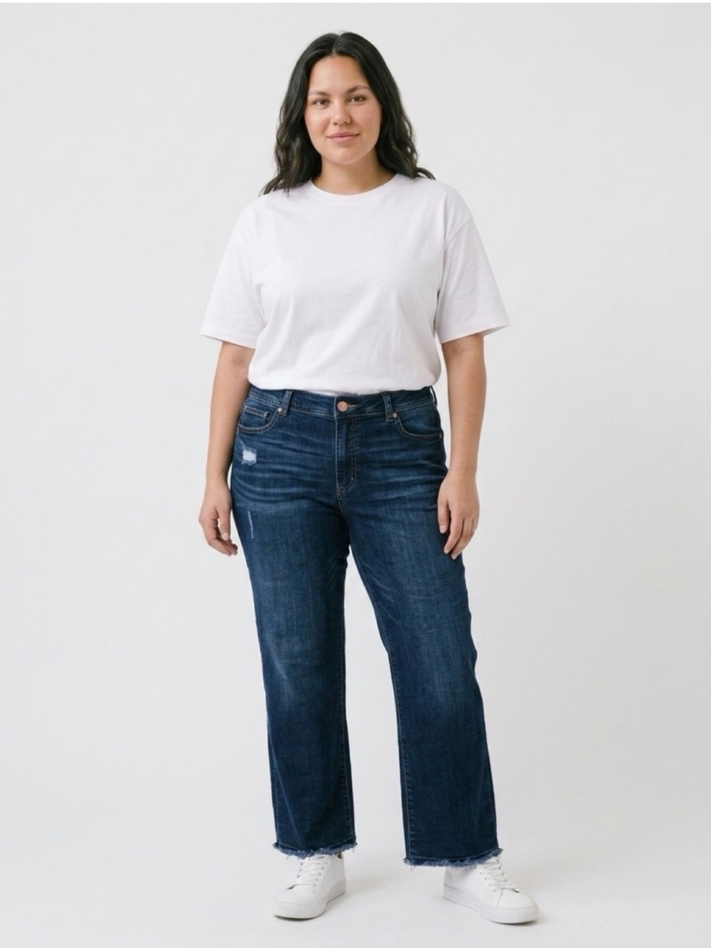 Democracy Ab Solution Straight Leg Jeans Womens 14 Dark Wash Raw Hem Stretch